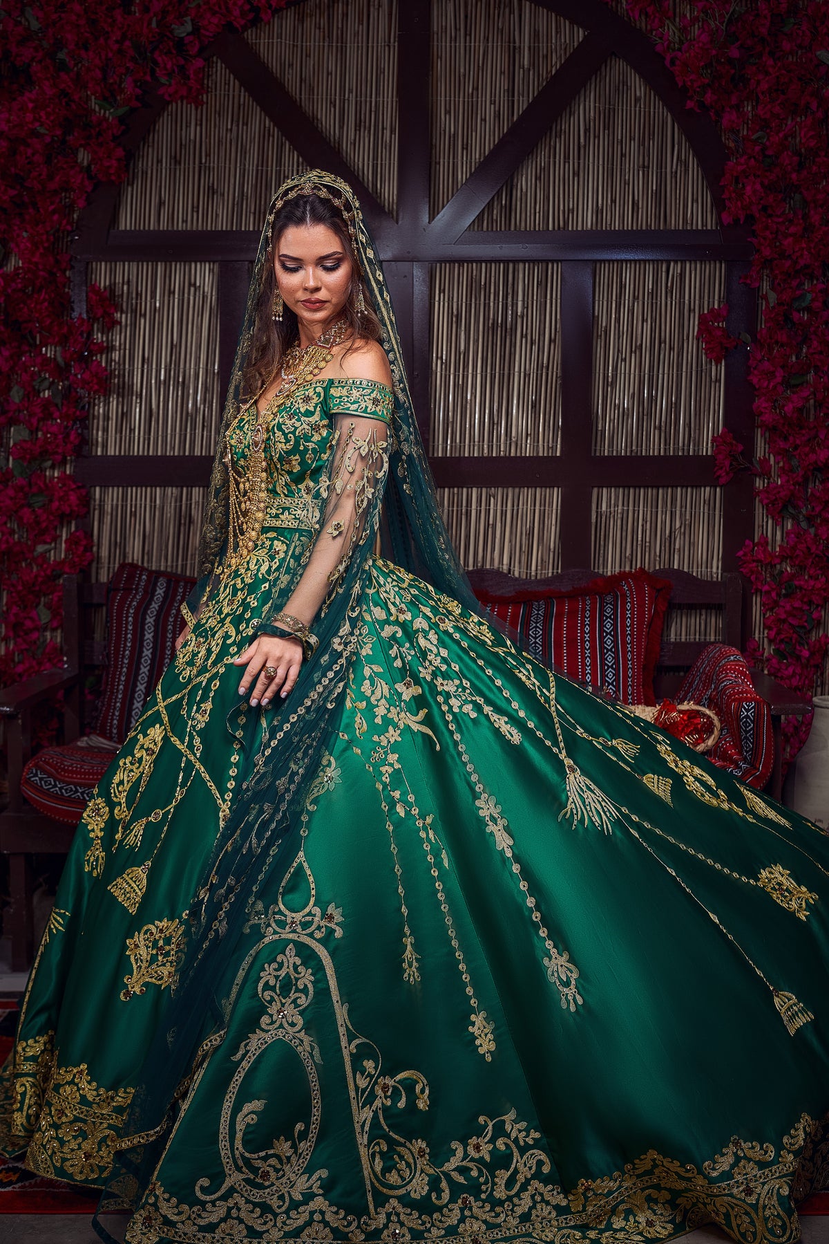 Emerald & Gold Off-the-Shoulder Tassel-Embroidered Henna Gown