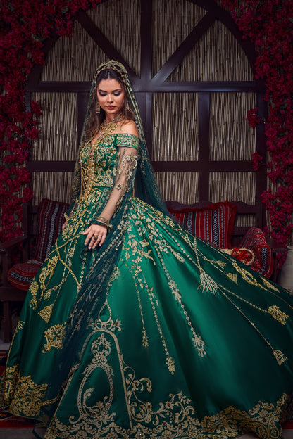 Emerald & Gold Off-the-Shoulder Tassel-Embroidered Henna Gown