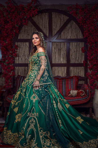 Emerald & Gold Off-the-Shoulder Tassel-Embroidered Henna Gown