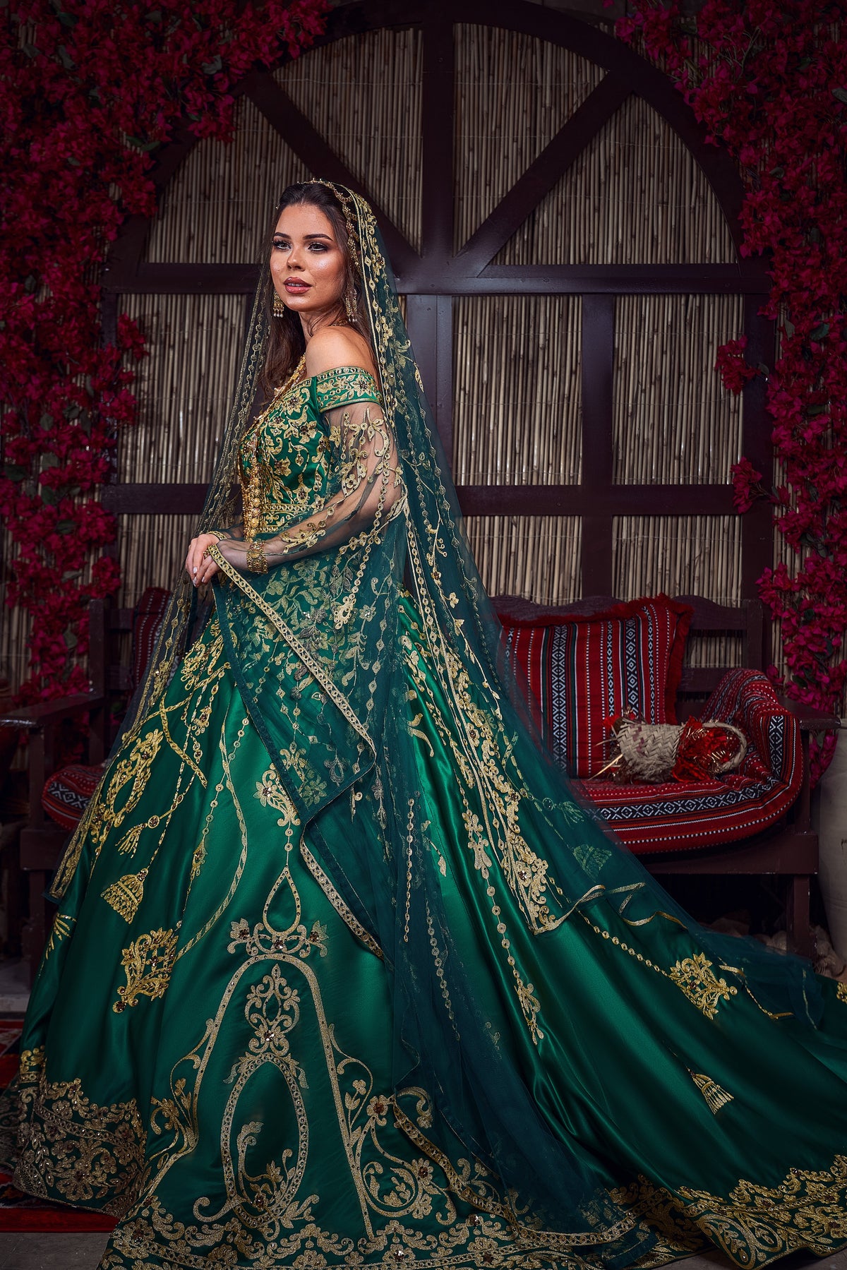 Emerald & Gold Off-the-Shoulder Tassel-Embroidered Henna Gown
