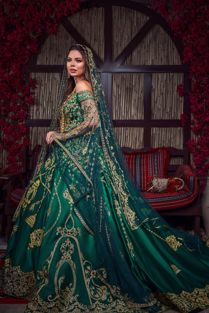Emerald & Gold Off-the-Shoulder Tassel-Embroidered Henna Gown