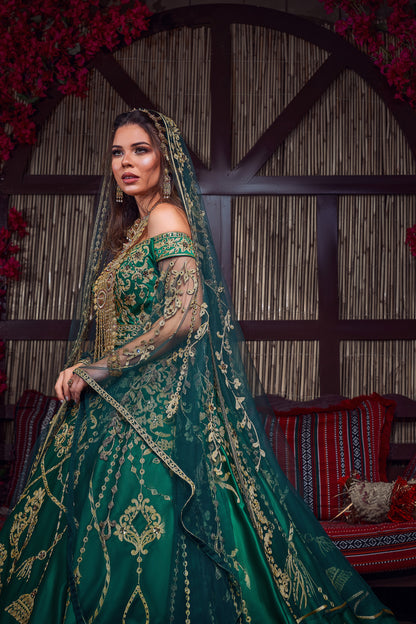 Emerald & Gold Off-the-Shoulder Tassel-Embroidered Henna Gown