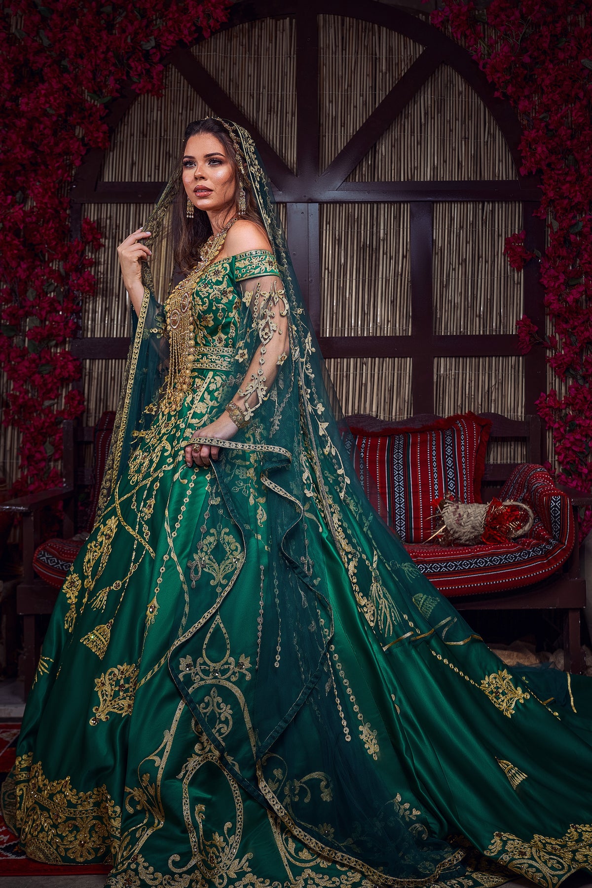 Emerald & Gold Off-the-Shoulder Tassel-Embroidered Henna Gown