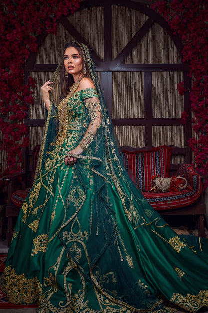 Emerald & Gold Off-the-Shoulder Tassel-Embroidered Henna Gown