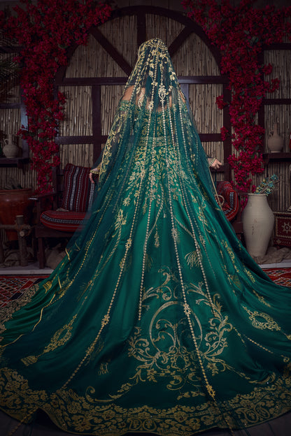 Emerald & Gold Off-the-Shoulder Tassel-Embroidered Henna Gown