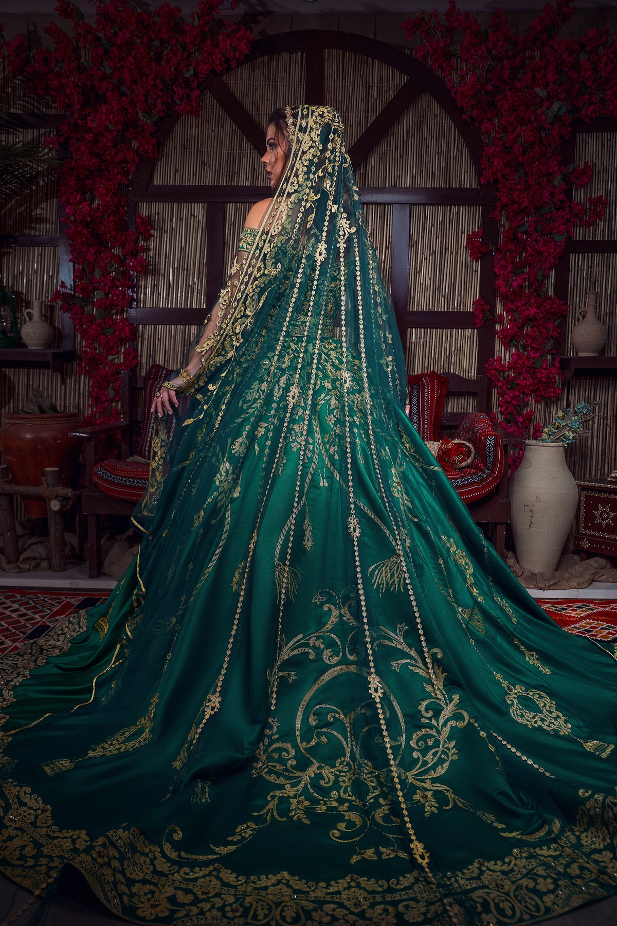 Emerald & Gold Off-the-Shoulder Tassel-Embroidered Henna Gown