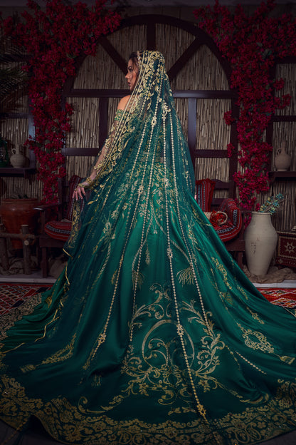 Emerald & Gold Off-the-Shoulder Tassel-Embroidered Henna Gown