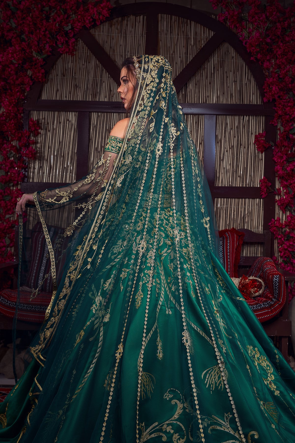 Emerald & Gold Off-the-Shoulder Tassel-Embroidered Henna Gown