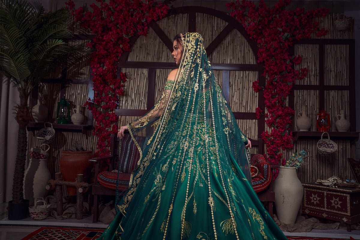 Emerald & Gold Off-the-Shoulder Tassel-Embroidered Henna Gown