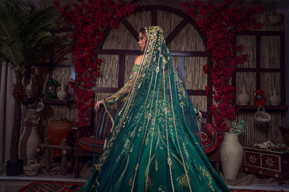 Emerald & Gold Off-the-Shoulder Tassel-Embroidered Henna Gown