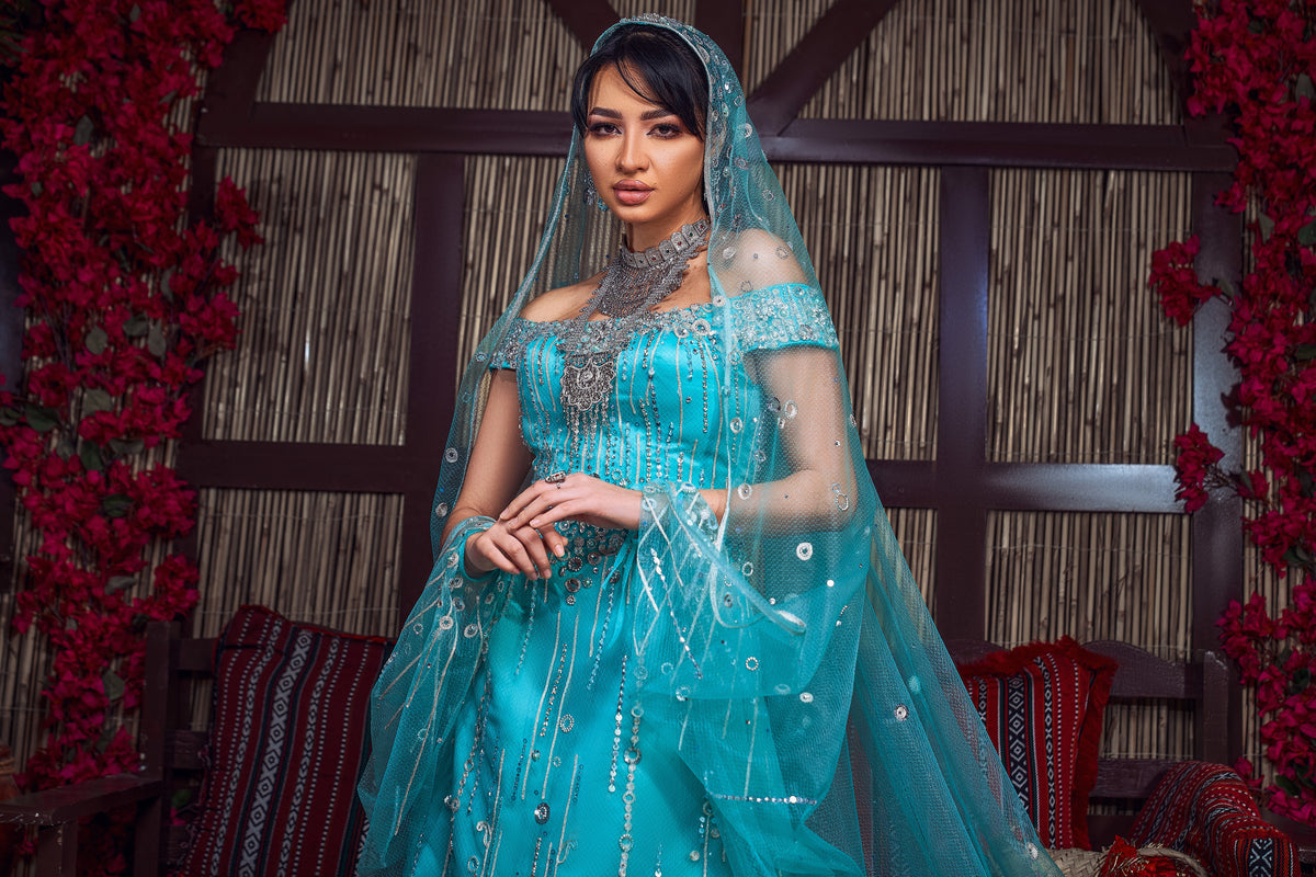 Turquoise & Silver Off-the-Shoulder Crystal Henna Gown
