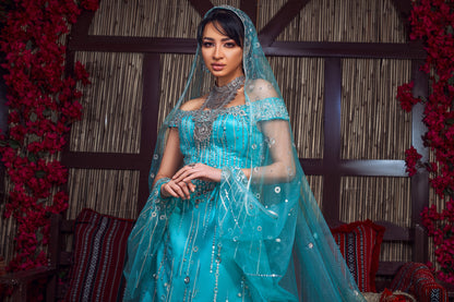 Turquoise & Silver Off-the-Shoulder Crystal Henna Gown