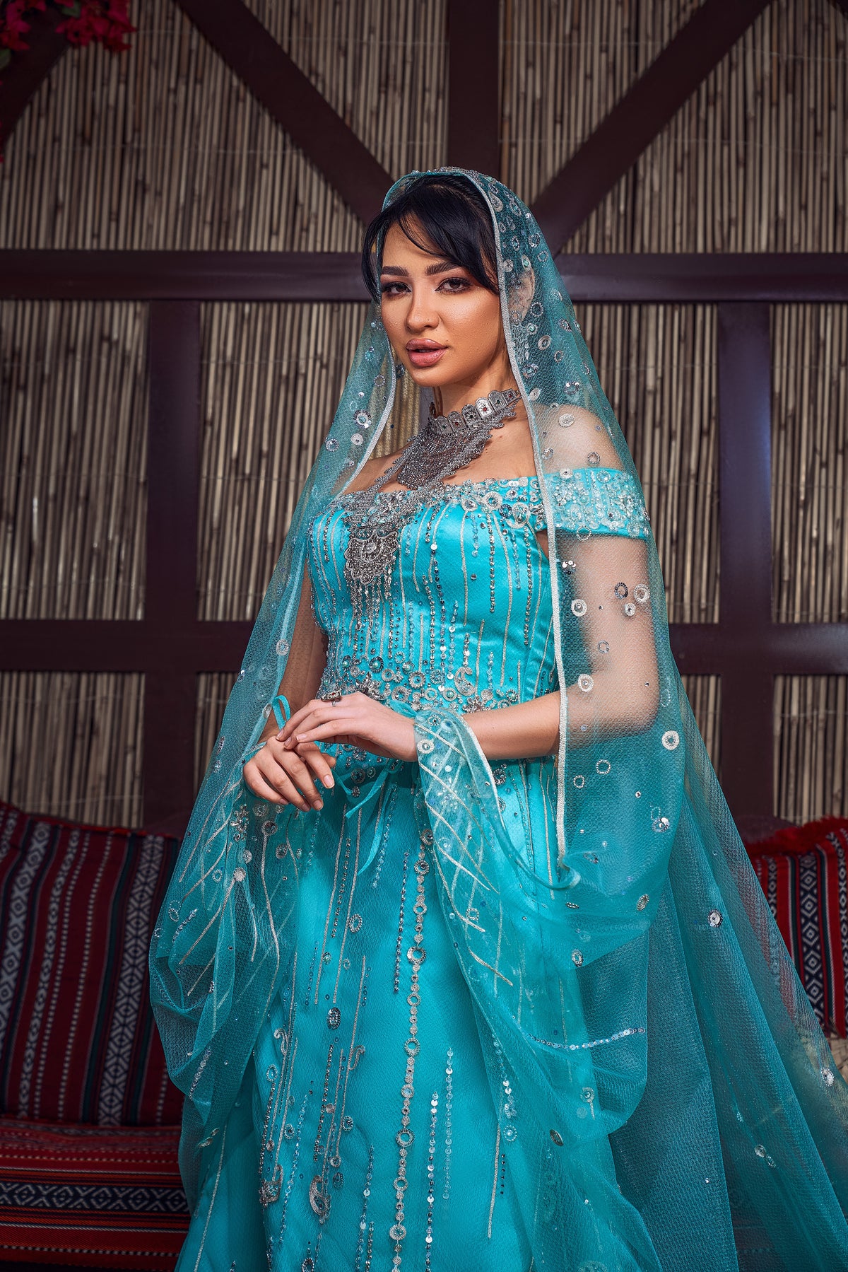 Turquoise & Silver Off-the-Shoulder Crystal Henna Gown