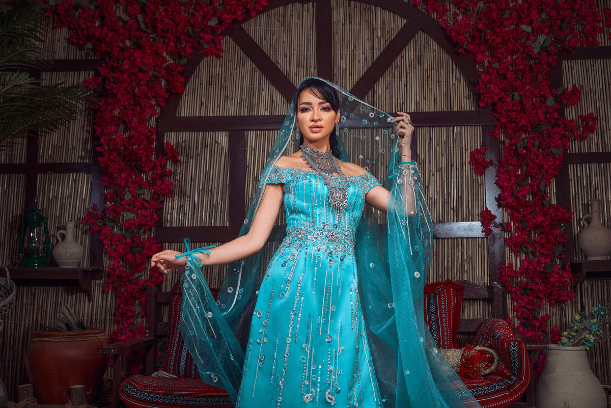 Turquoise & Silver Off-the-Shoulder Crystal Henna Gown
