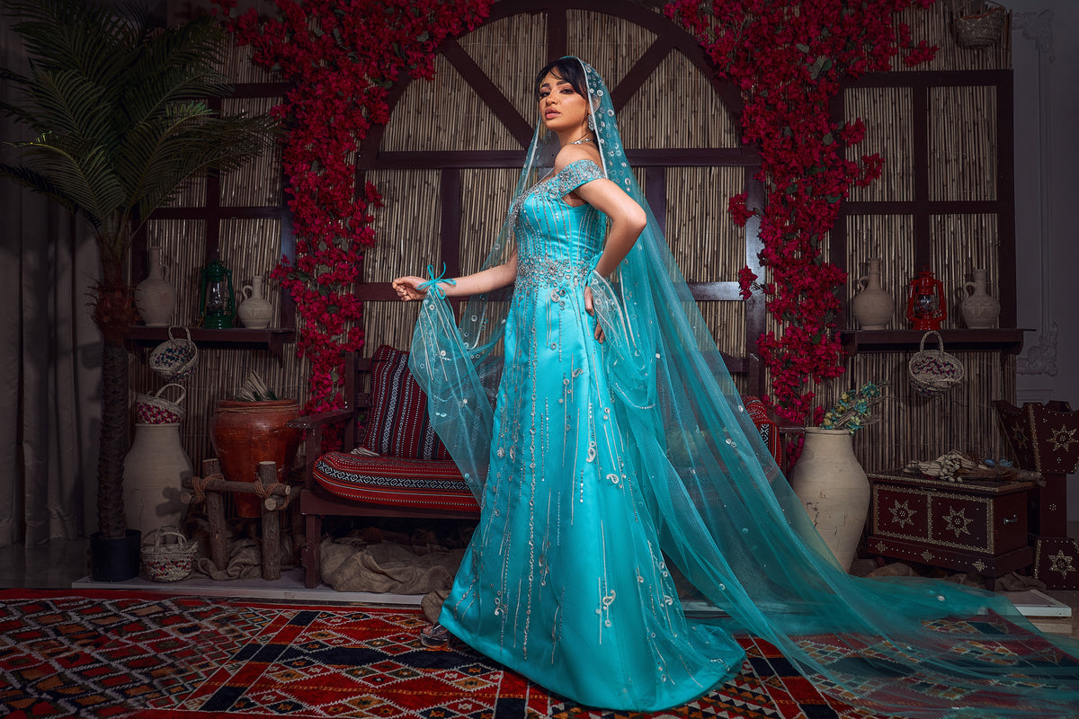 Turquoise & Silver Off-the-Shoulder Crystal Henna Gown