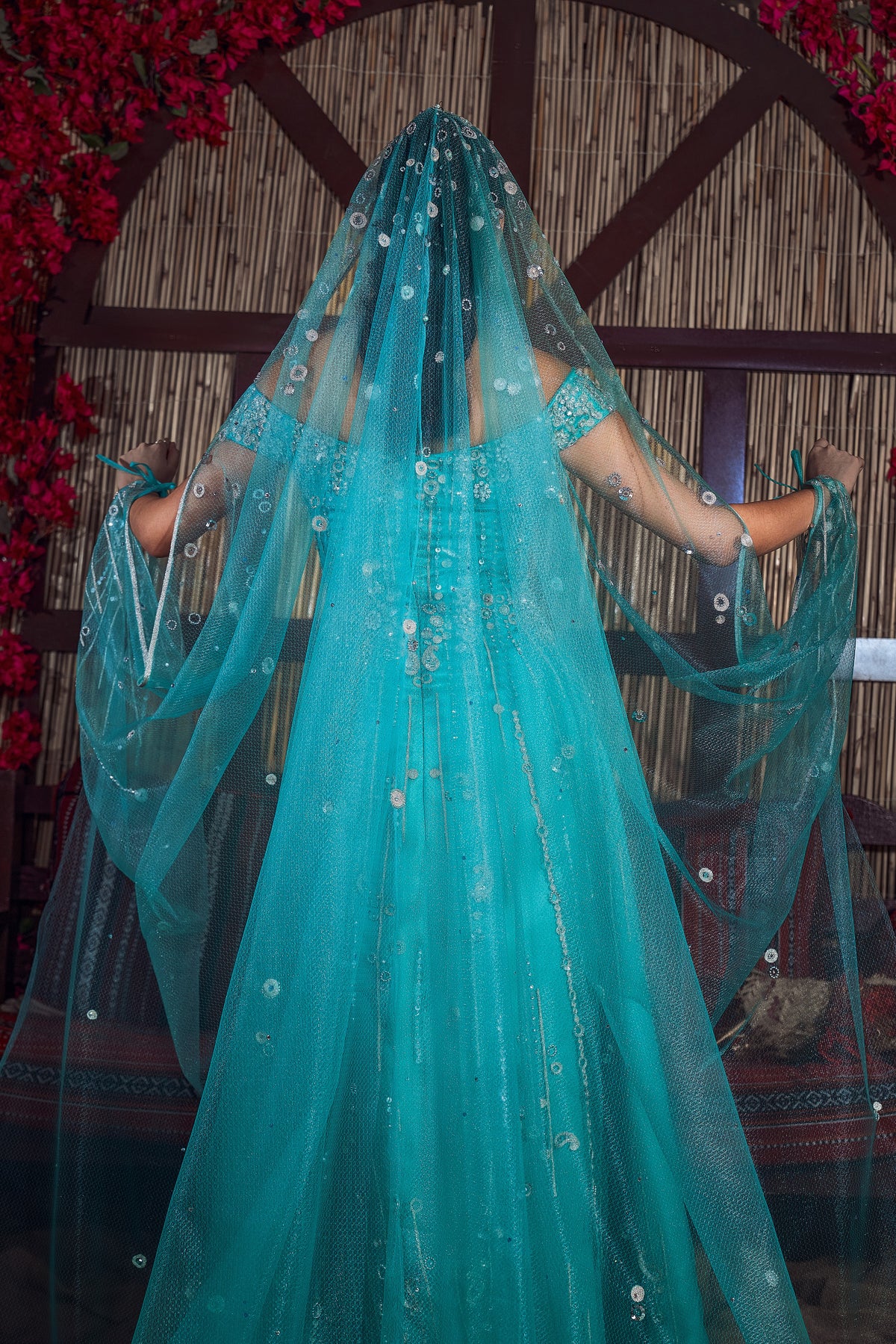 Turquoise & Silver Off-the-Shoulder Crystal Henna Gown