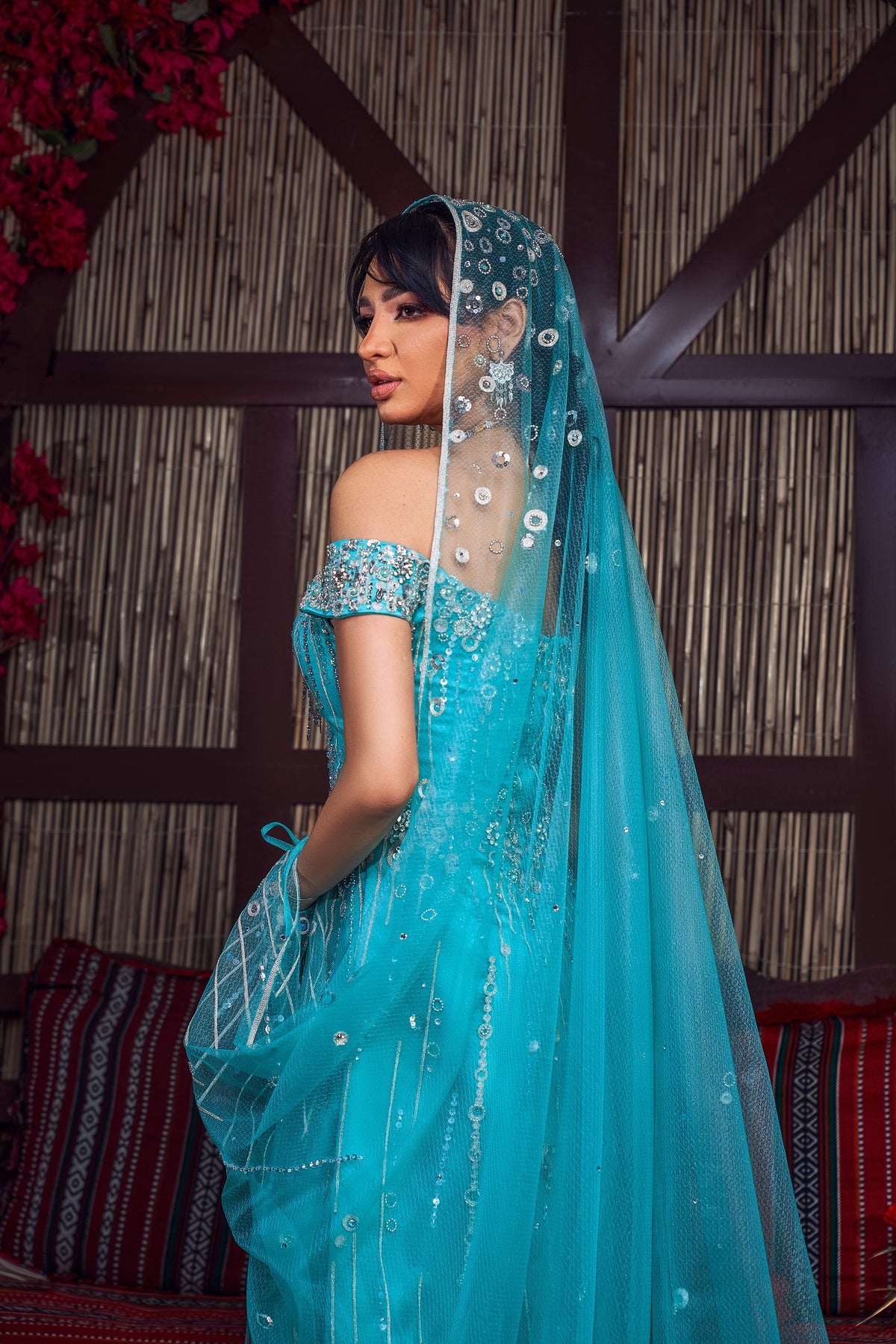 Turquoise & Silver Off-the-Shoulder Crystal Henna Gown