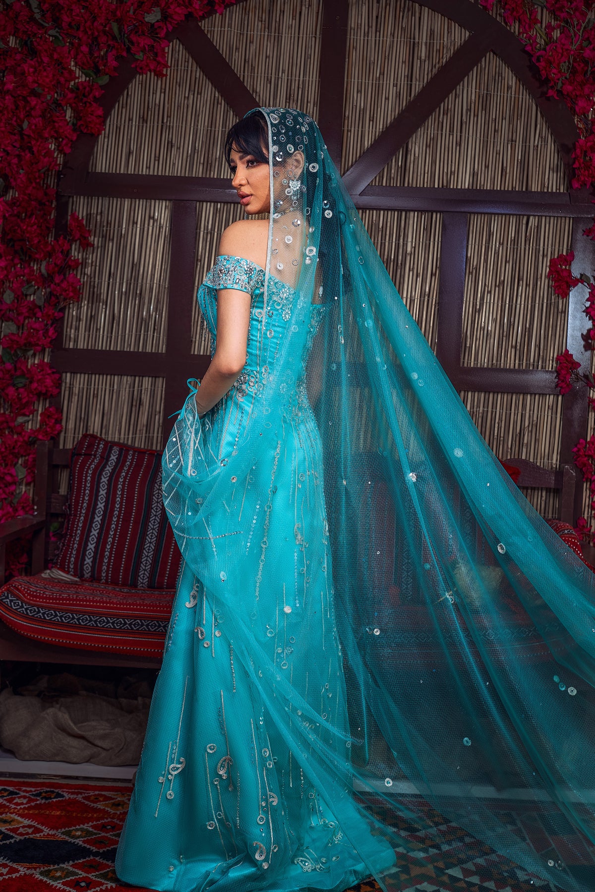 Turquoise & Silver Off-the-Shoulder Crystal Henna Gown