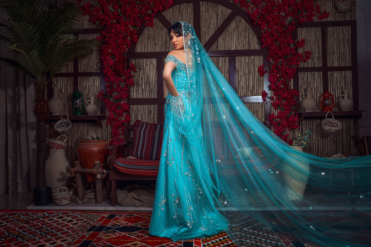 Turquoise & Silver Off-the-Shoulder Crystal Henna Gown