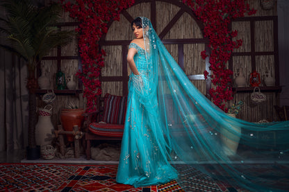Turquoise & Silver Off-the-Shoulder Crystal Henna Gown