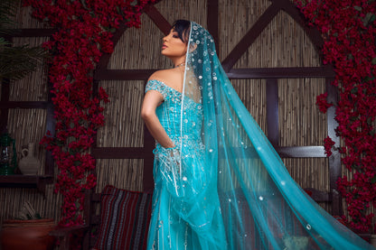 Turquoise & Silver Off-the-Shoulder Crystal Henna Gown