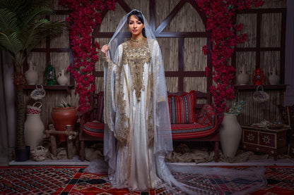 Ivory & Gold Encrusted Traditional Henna Jalabiya