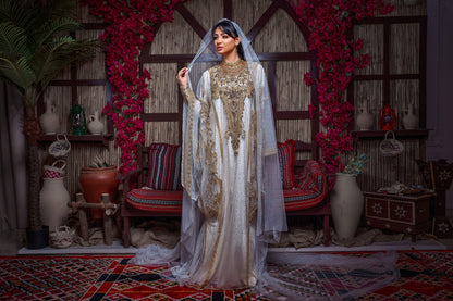 Ivory & Gold Encrusted Traditional Henna Jalabiya