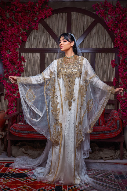 Ivory & Gold Encrusted Traditional Henna Jalabiya