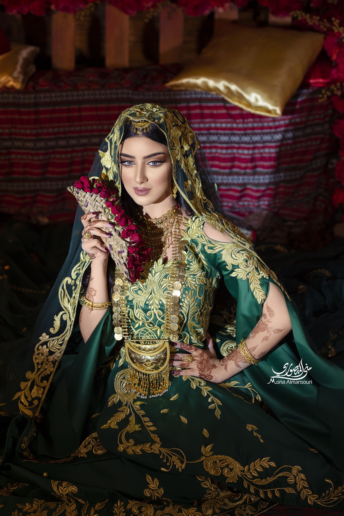 Emerald Green & Gold Embroidered Henna Gown