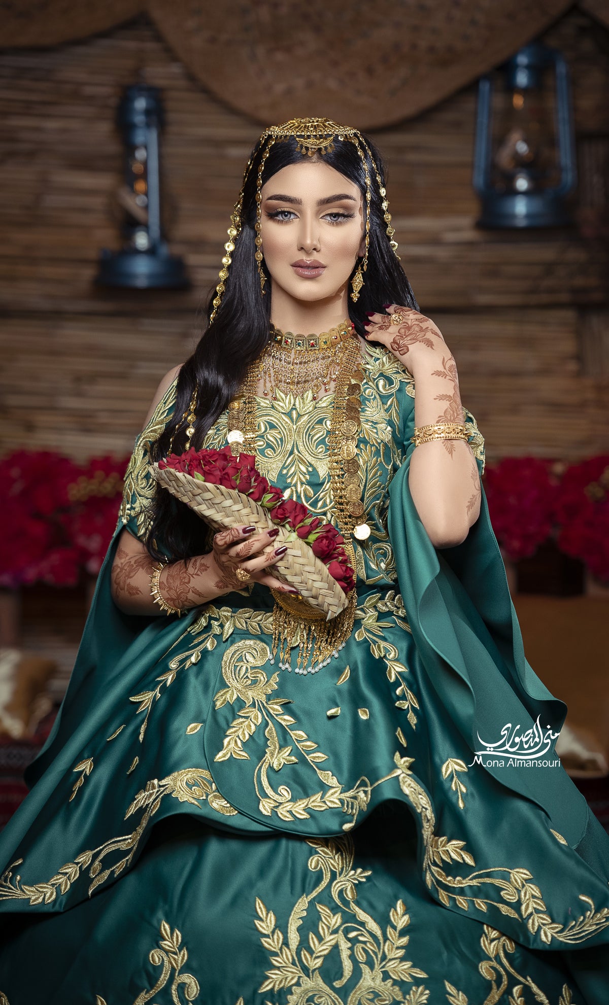 Emerald Green & Gold Embroidered Henna Gown