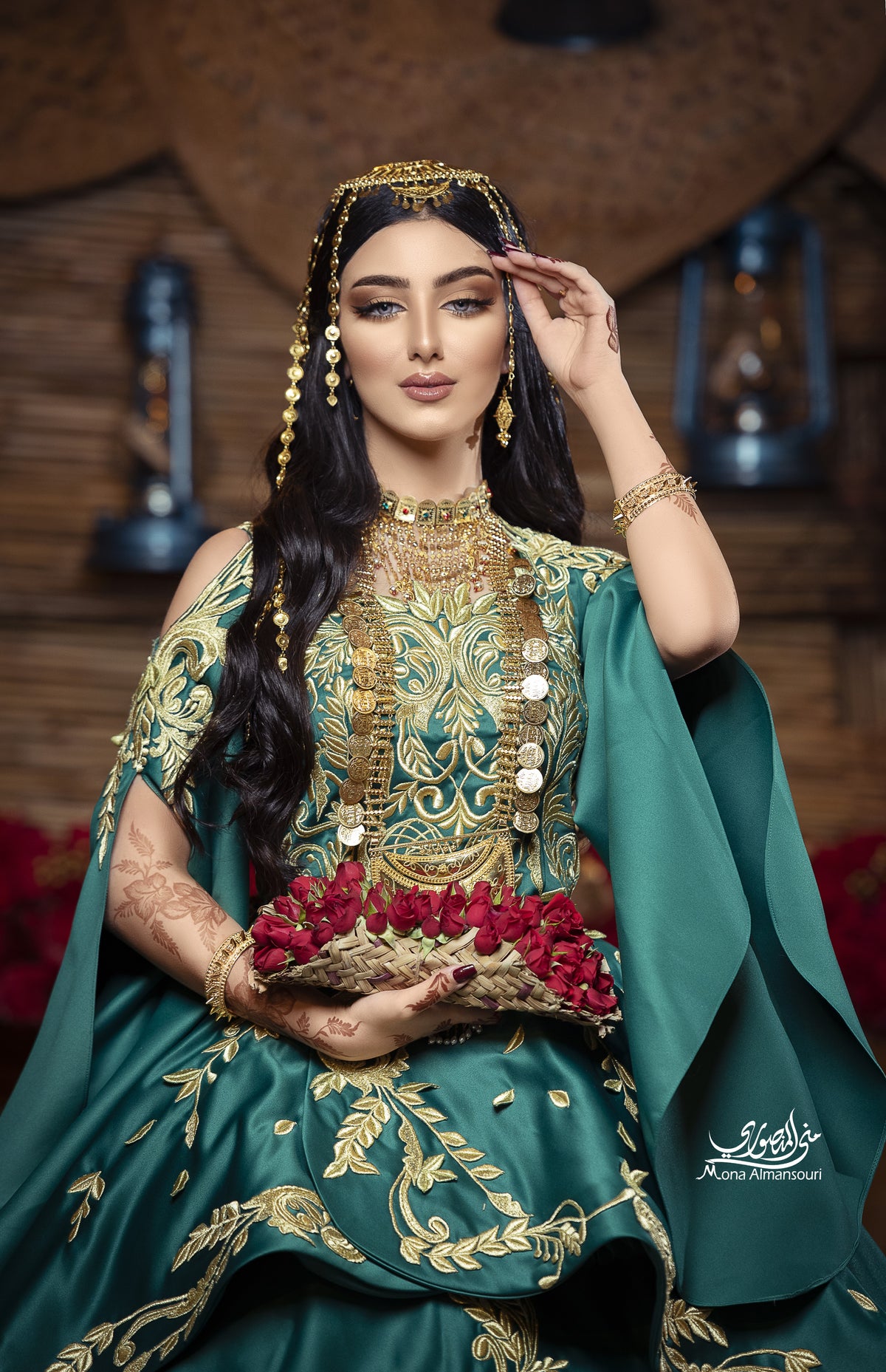 Emerald Green & Gold Embroidered Henna Gown