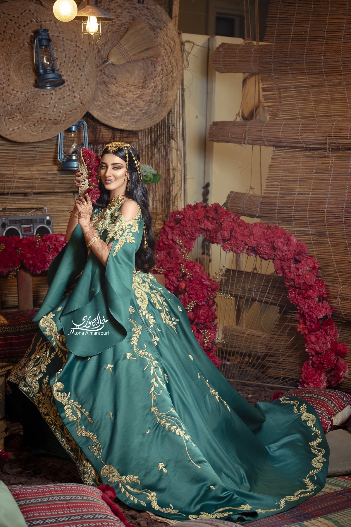 Emerald Green & Gold Embroidered Henna Gown