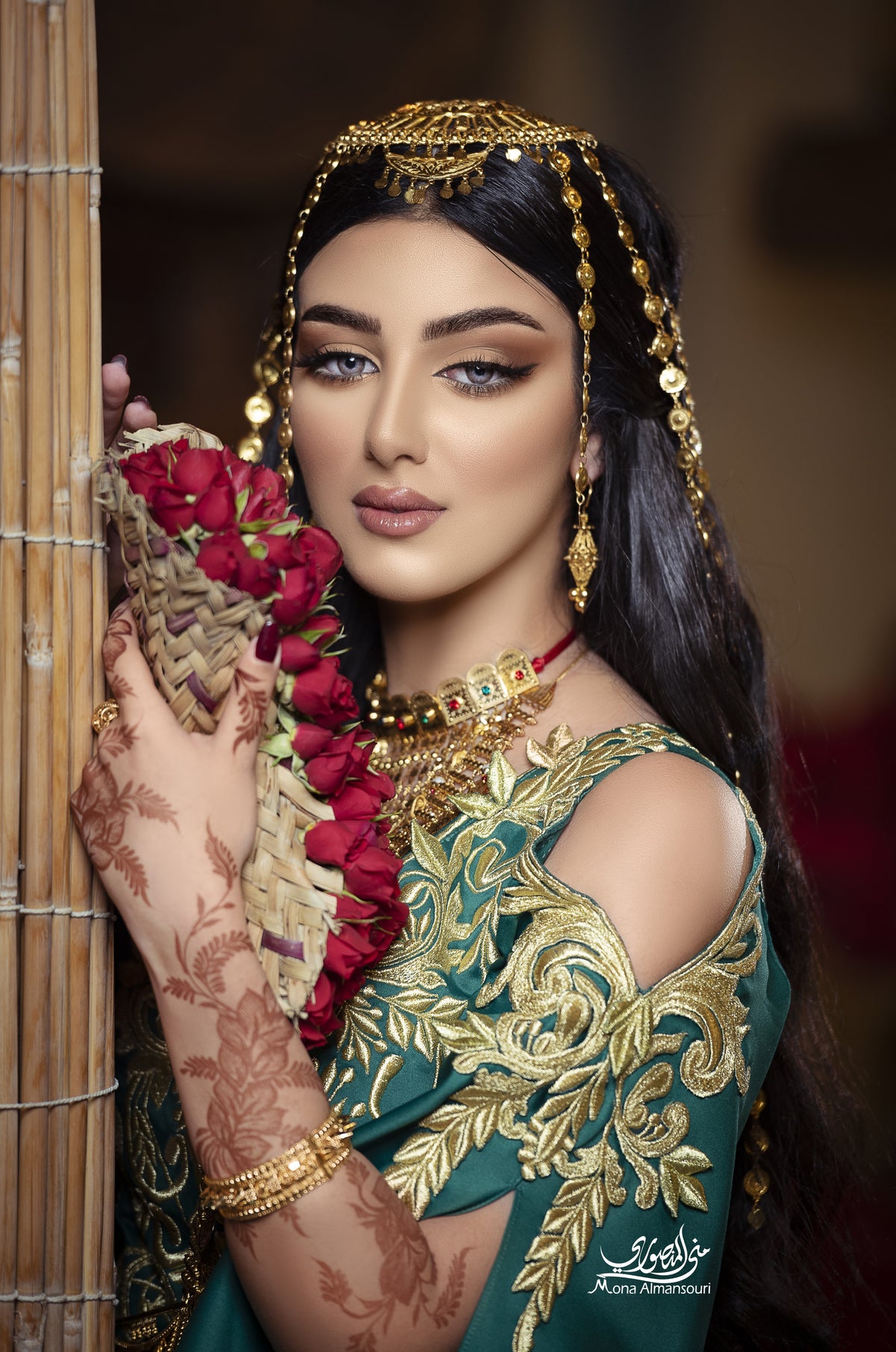 Emerald Green & Gold Embroidered Henna Gown