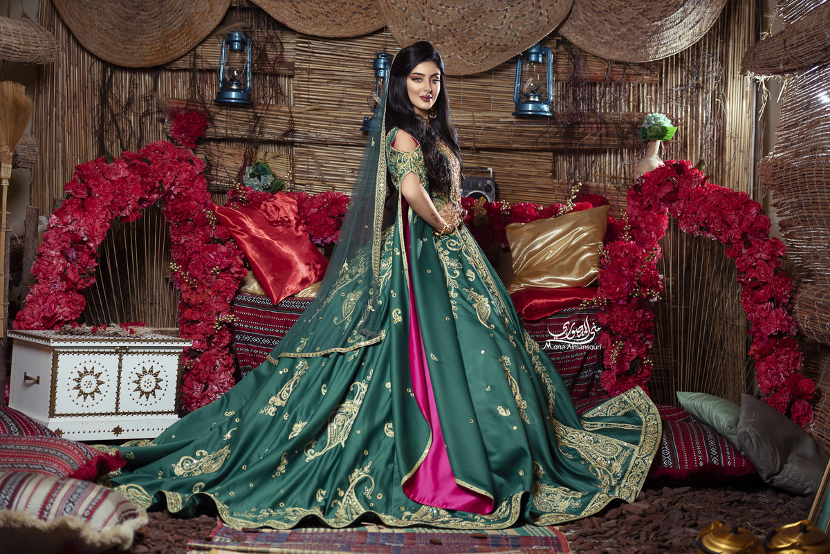 Emerald Green & Gold Embroidered Henna Gown