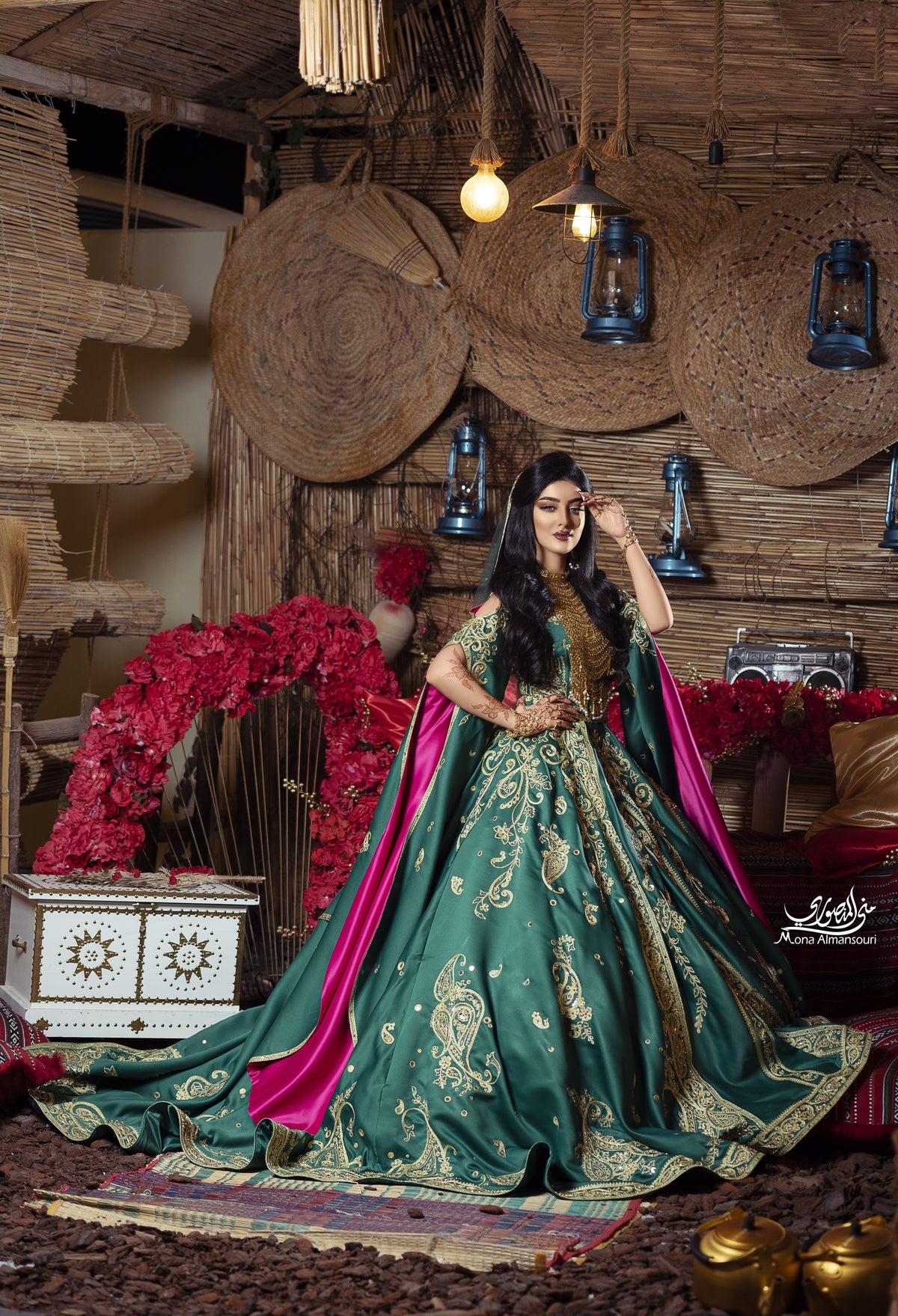 Emerald Green & Gold Embroidered Henna Gown
