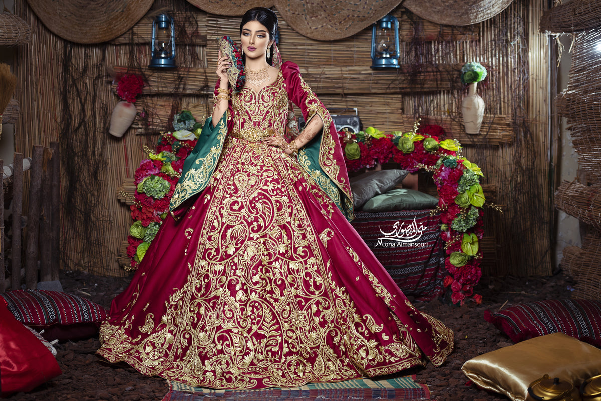 Maroon & Gold Embroidered Royal Henna Gown