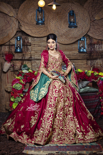 Maroon & Gold Embroidered Royal Henna Gown