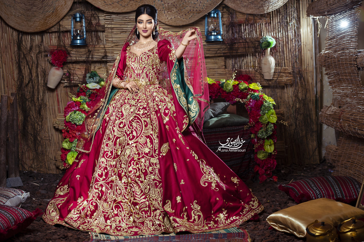 Maroon & Gold Embroidered Royal Henna Gown