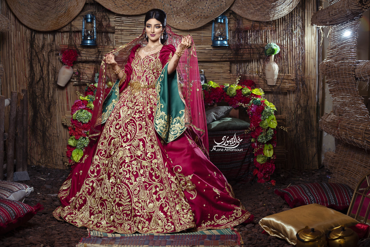 Maroon & Gold Embroidered Royal Henna Gown
