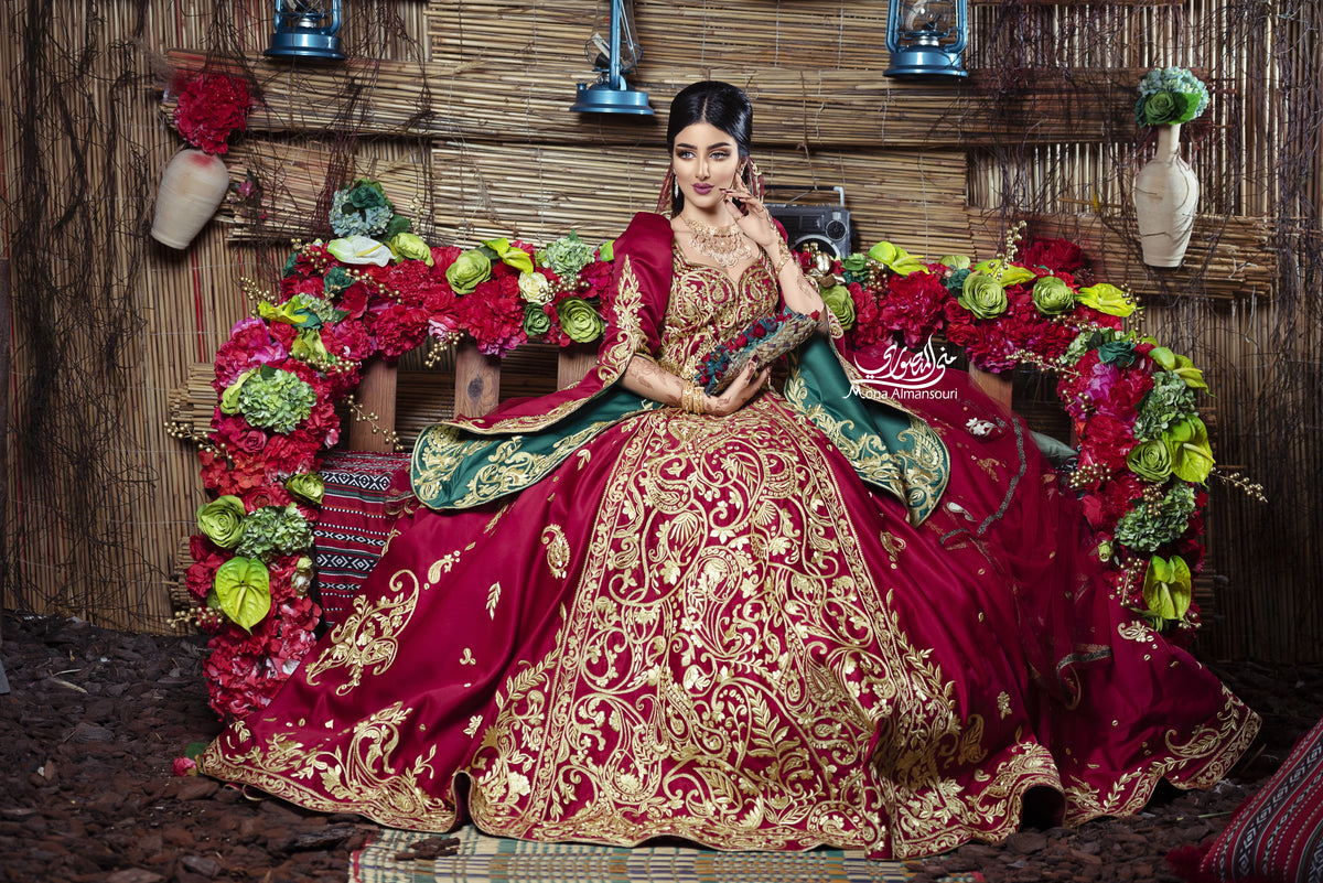 Maroon & Gold Embroidered Royal Henna Gown