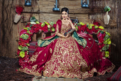 Maroon & Gold Embroidered Royal Henna Gown