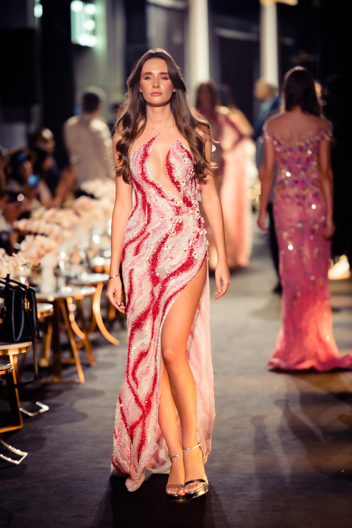 Crimson & Blush Wave-Embellished Cut-Out Evening Gown