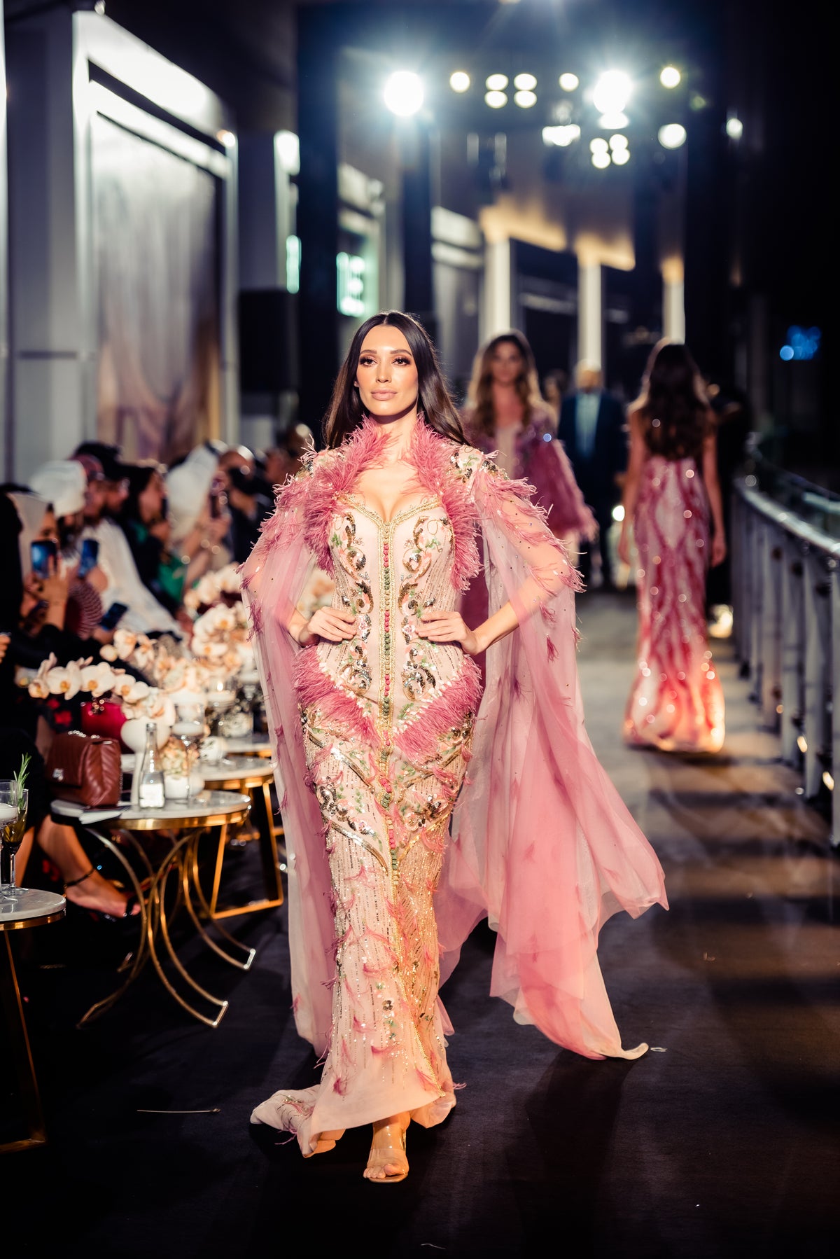 Dusty Pink Feather & Crystal Embroidered Cape Evening Gown