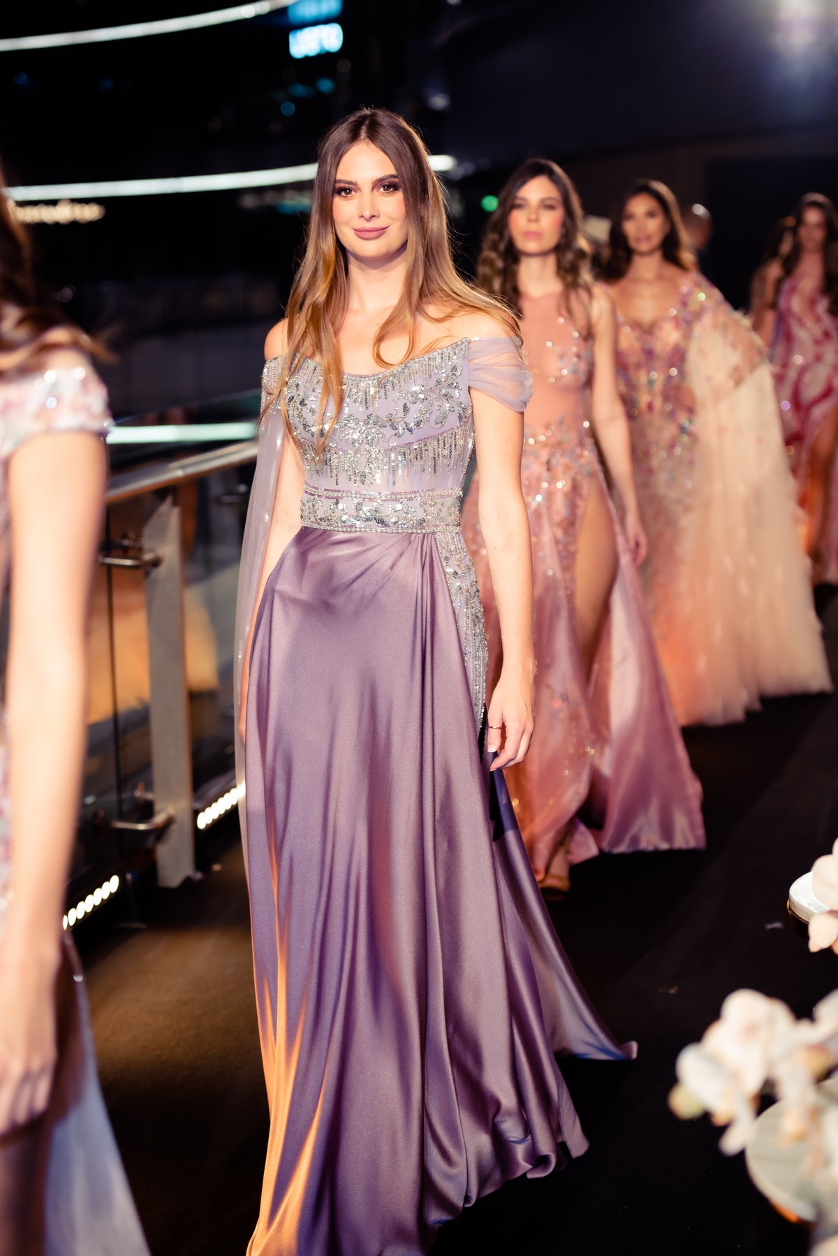 Lavender & Silver Off-the-Shoulder Crystal Evening Gown