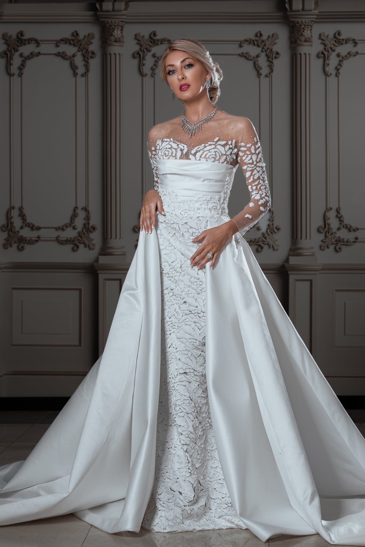 Embellished Lace Bridal Gown with Dramatic Over-Skirt