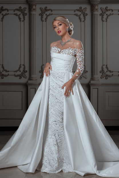 Embellished Lace Bridal Gown with Dramatic Over-Skirt