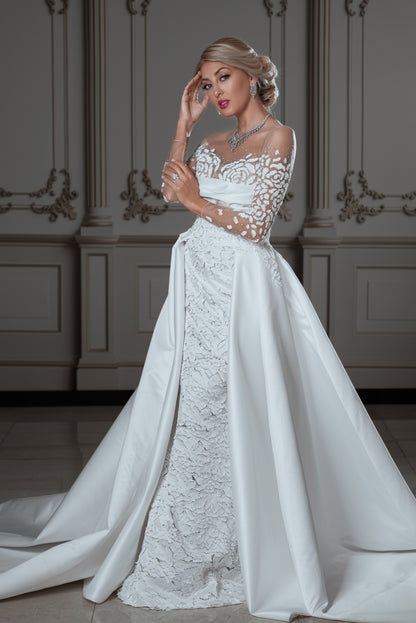 Embellished Lace Bridal Gown with Dramatic Over-Skirt