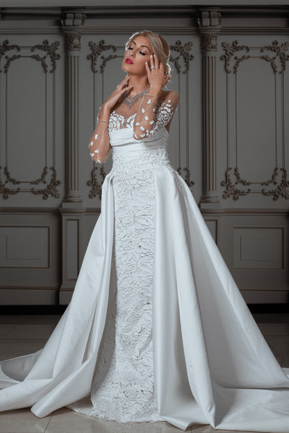 Embellished Lace Bridal Gown with Dramatic Over-Skirt