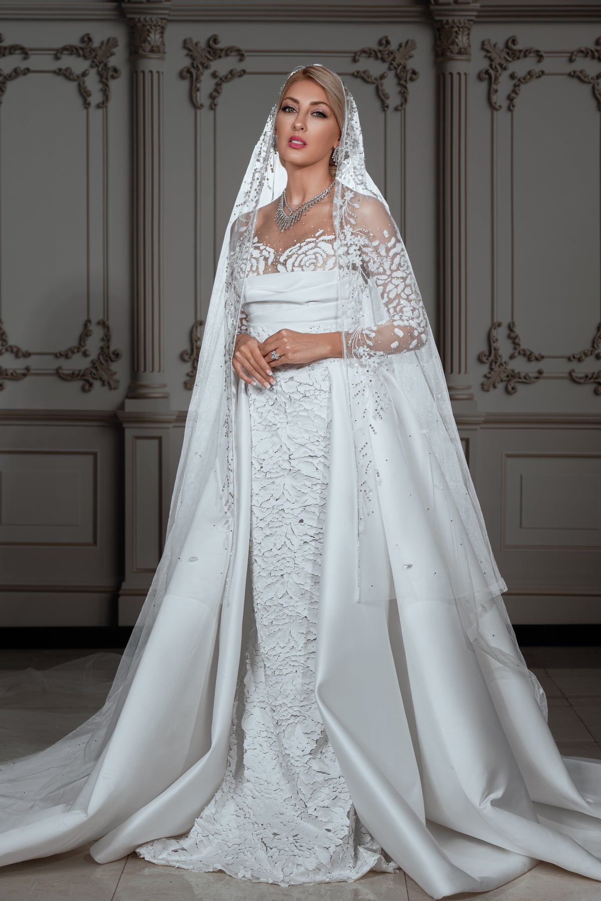 Embellished Lace Bridal Gown with Dramatic Over-Skirt