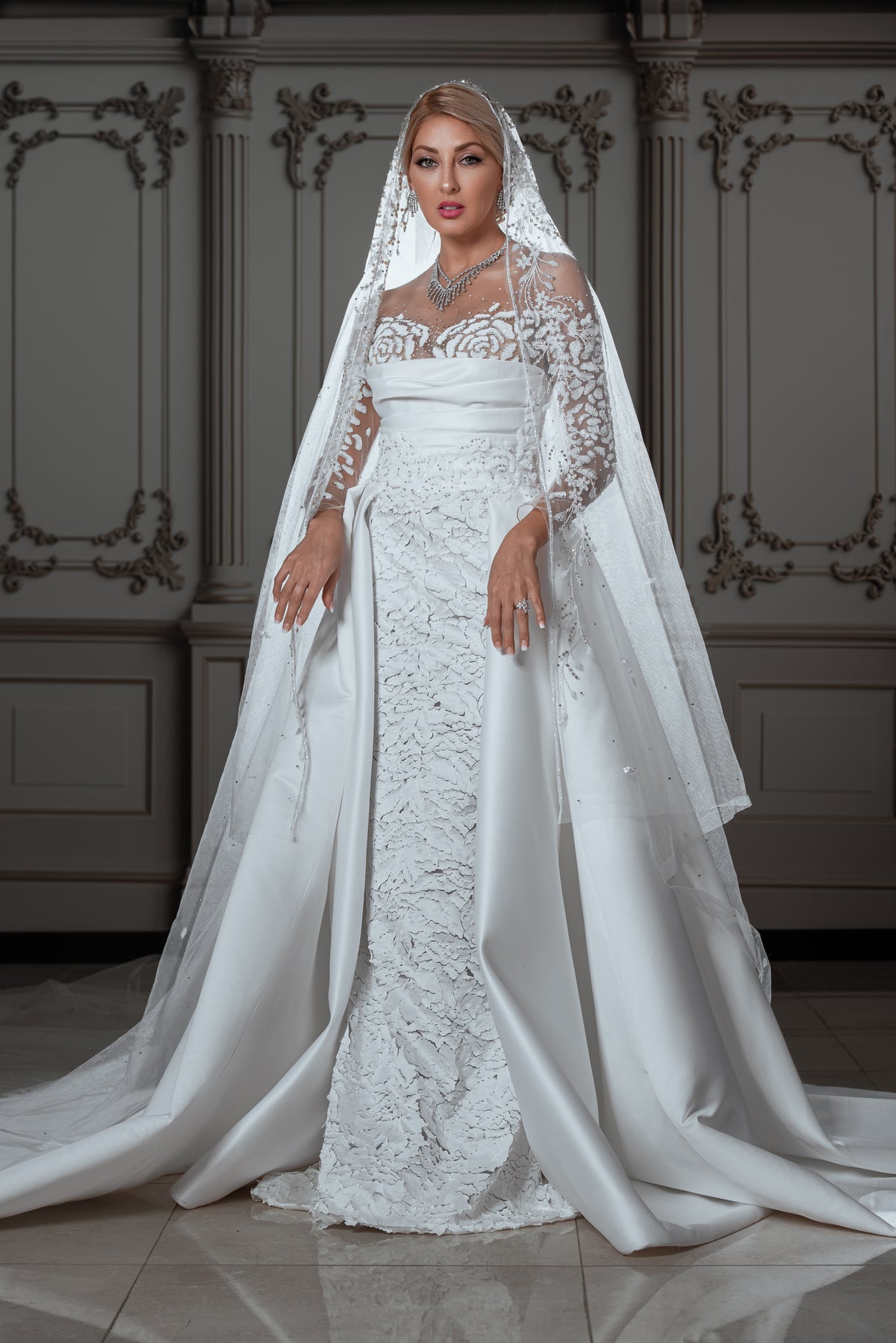 Embellished Lace Bridal Gown with Dramatic Over-Skirt
